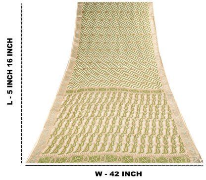 Sanskriti Vintage Saree White-Green Pure Silk Paisley Woven Craft Fabric 5YDSari