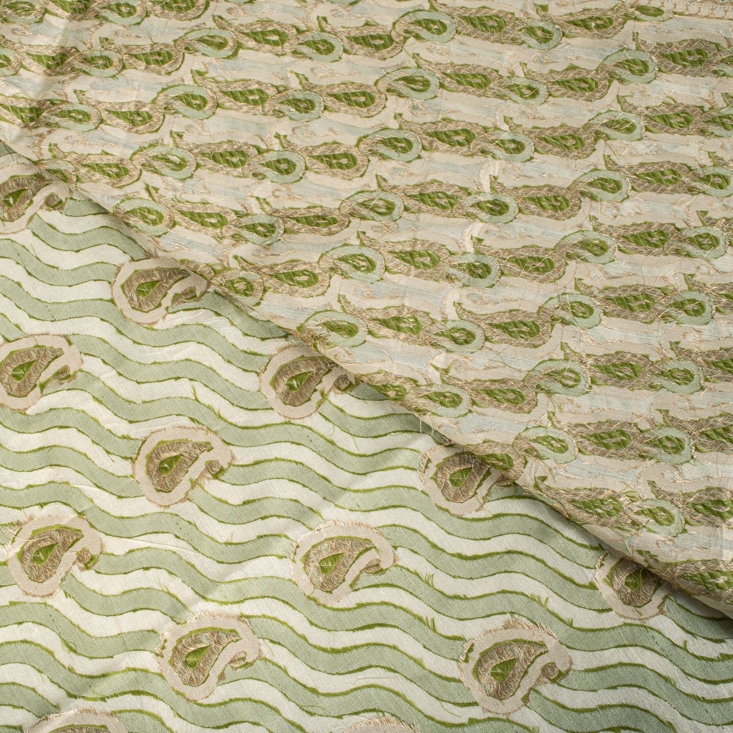 Sanskriti Vintage Saree White-Green Pure Silk Paisley Woven Craft Fabric 5YDSari
