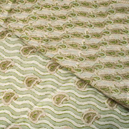 Sanskriti Vintage Saree White-Green Pure Silk Paisley Woven Craft Fabric 5YDSari