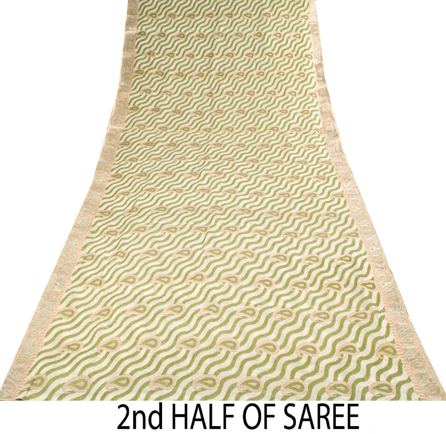 Sanskriti Vintage Saree White-Green Pure Silk Paisley Woven Craft Fabric 5YDSari