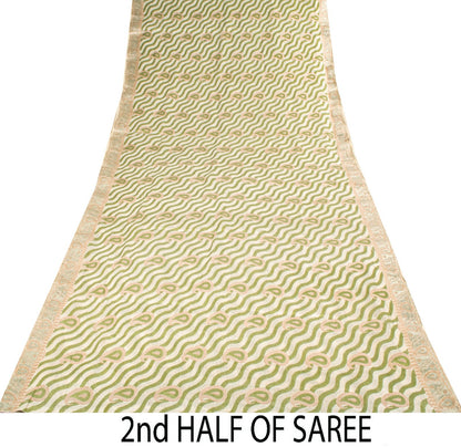 Sanskriti Vintage Saree White-Green Pure Silk Paisley Woven Craft Fabric 5YDSari