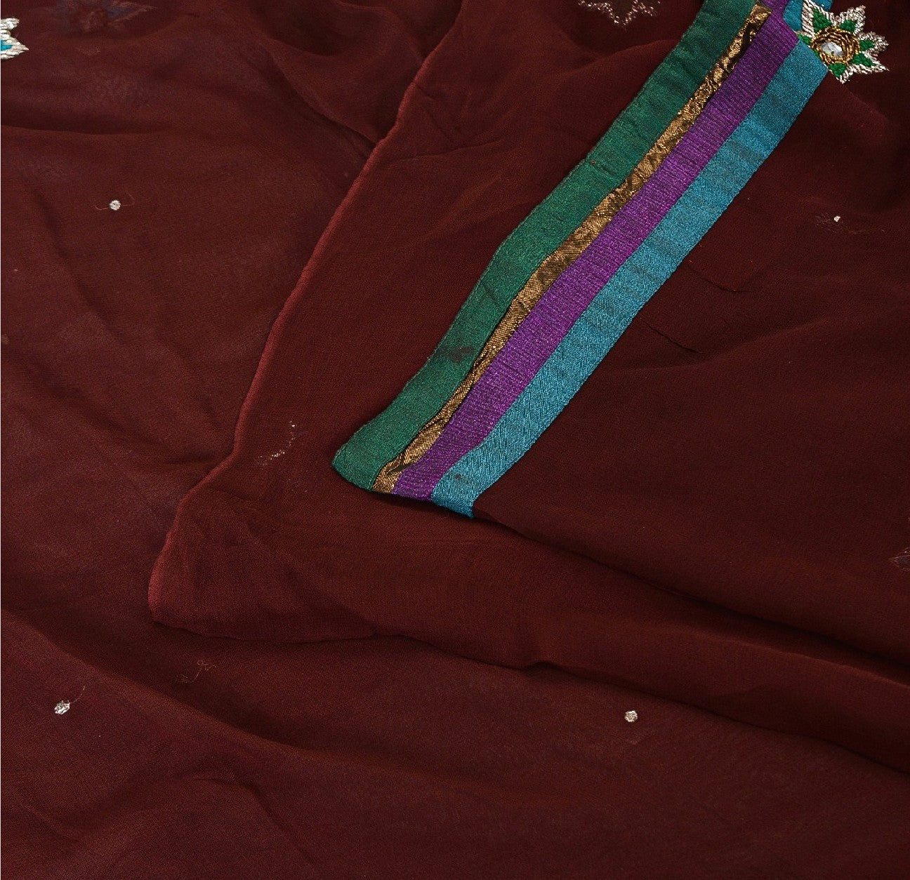 Sanskriti Vintage Sarees Dark Red Hand Beaded Pure Georgette Sari Craft Sustainable Fabric