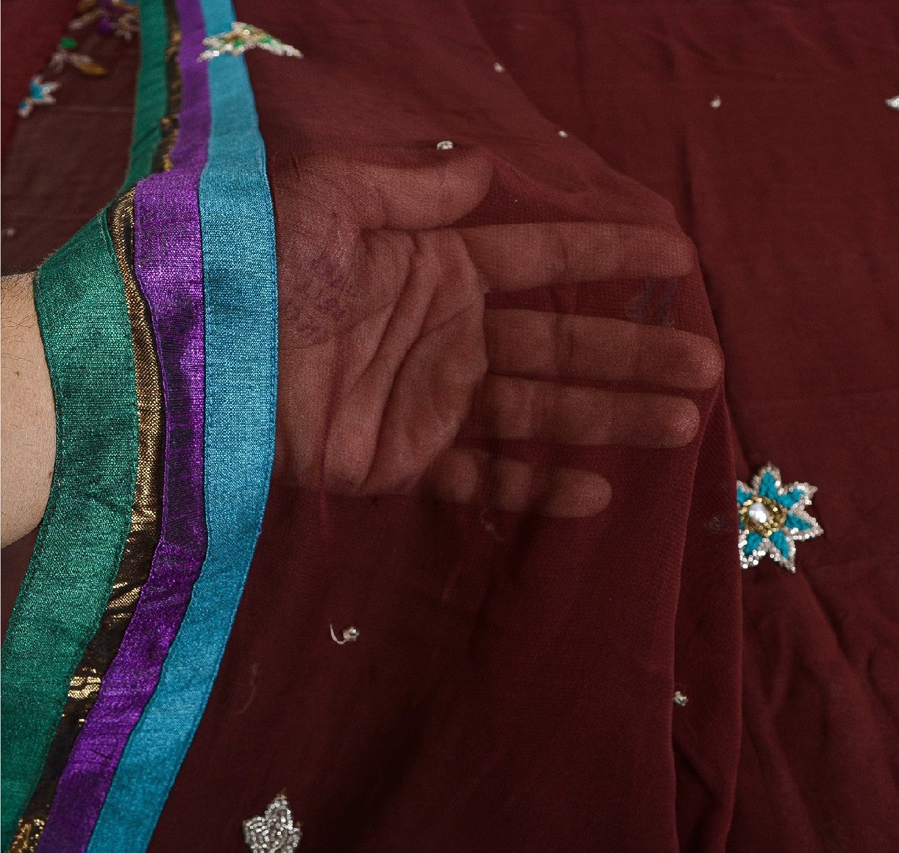 Sanskriti Vintage Sarees Dark Red Hand Beaded Pure Georgette Sari Craft Sustainable Fabric