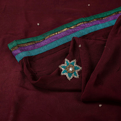 Sanskriti Vintage Sarees Dark Red Hand Beaded Pure Georgette Sari Craft Sustainable Fabric