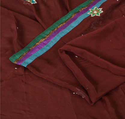 Sanskriti Vintage Sarees Dark Red Hand Beaded Pure Georgette Sari Craft Sustainable Fabric