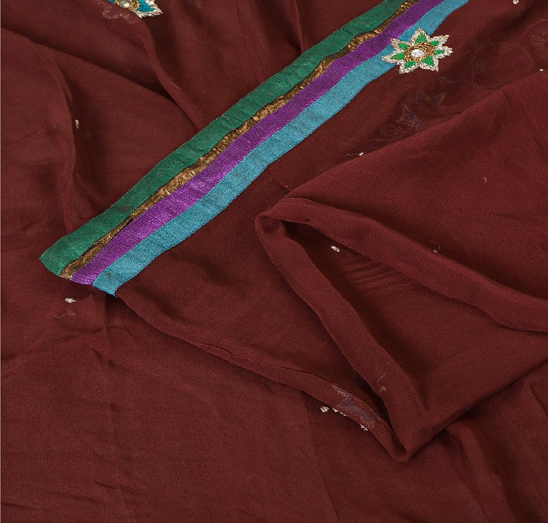 Sanskriti Vintage Sarees Mørkerøde Håndperlede Ren Georgette Sari Håndværksmæssigt Bæredygtigt Stoff