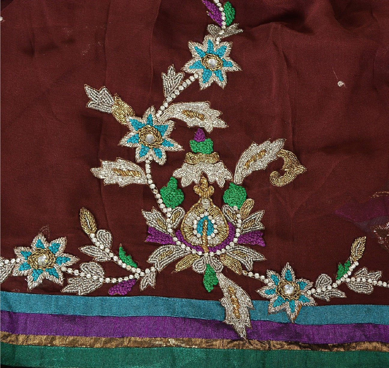 Sanskriti Vintage Sarees Dark Red Hand Beaded Pure Georgette Sari Craft Sustainable Fabric