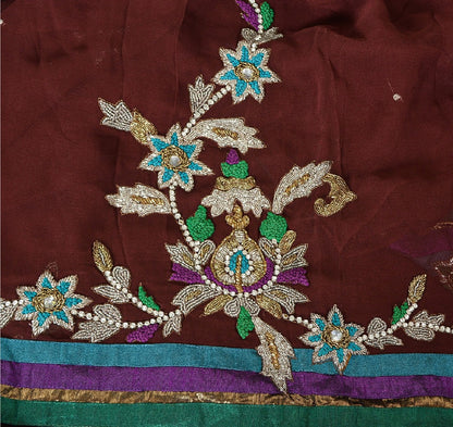 Sanskriti Vintage Sarees Dark Red Hand Beaded Pure Georgette Sari Craft Sustainable Fabric