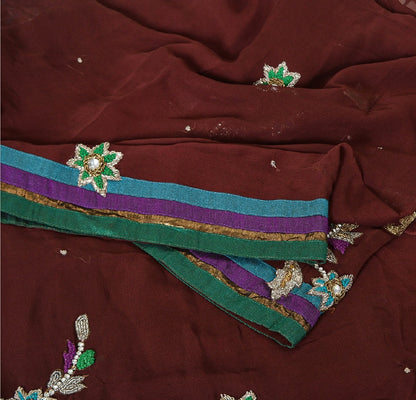 Sanskriti Vintage Sarees Dark Red Hand Beaded Pure Georgette Sari Craft Sustainable Fabric