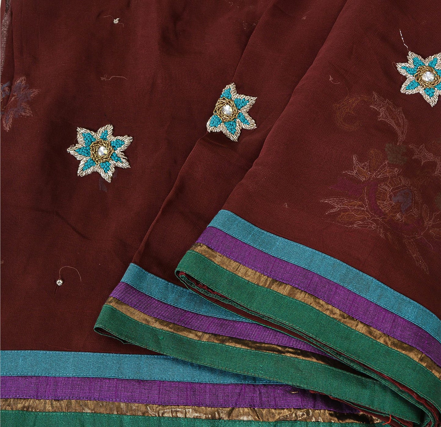 Sanskriti Vintage Sarees Dark Red Hand Beaded Pure Georgette Sari Craft Sustainable Fabric