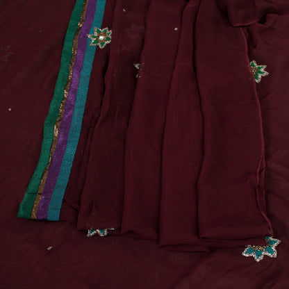 Sanskriti Vintage Sarees Dark Red Hand Beaded Pure Georgette Sari Craft Sustainable Fabric