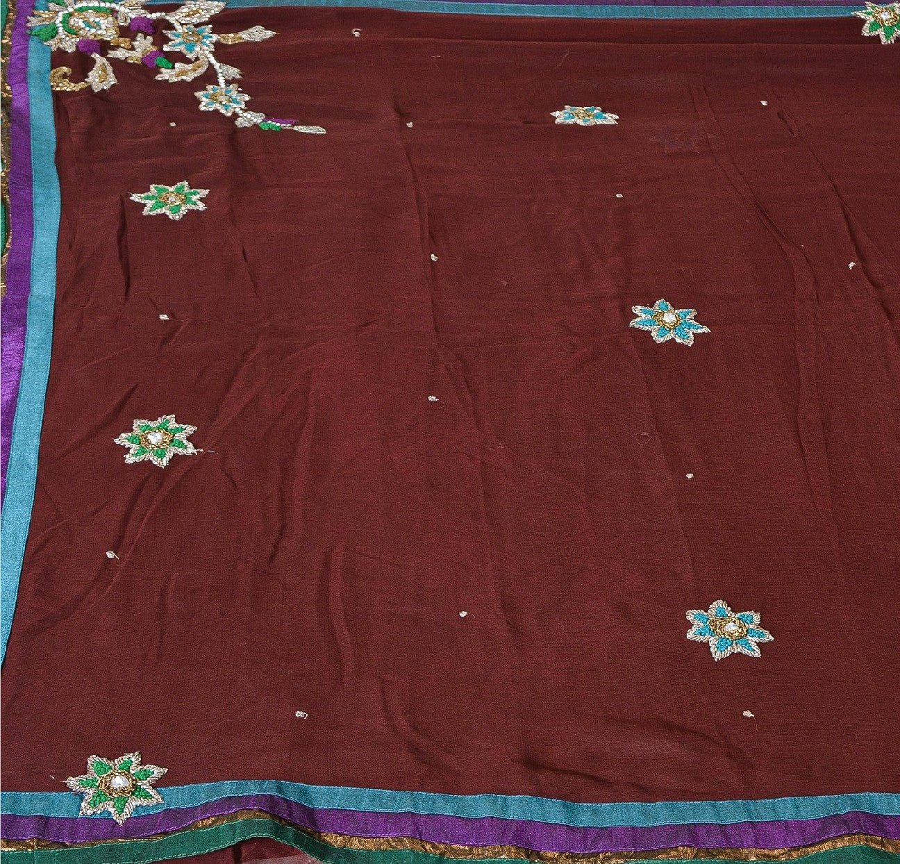 Sanskriti Vintage Sarees Dark Red Hand Beaded Pure Georgette Sari Craft Sustainable Fabric