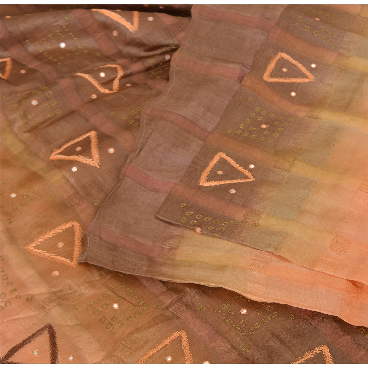 Sanskriti Vintage Sarees Orange/Brown Pure Silk Hand Beaded Woven Sari Sustainable Fabric