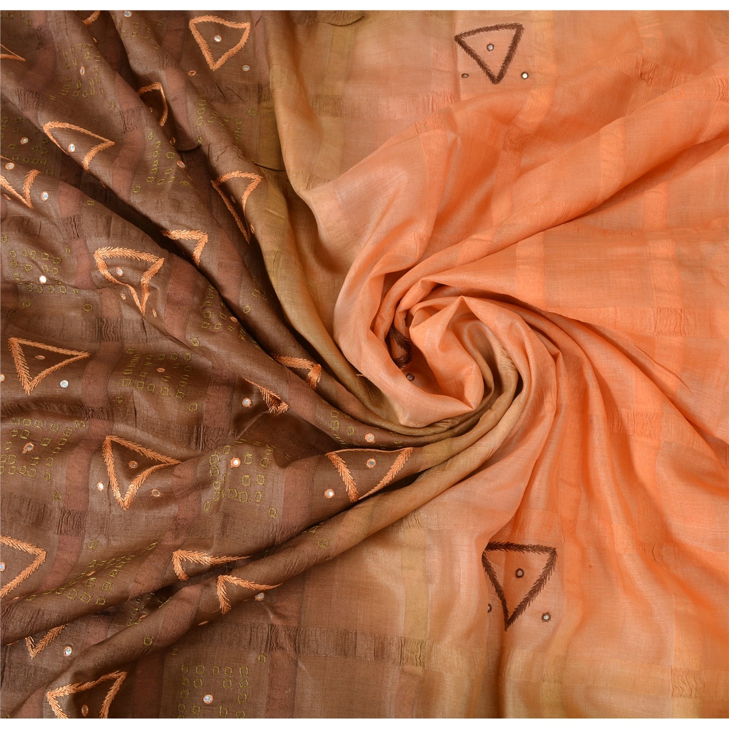 Sanskriti Vintage Sarees Orange/Brown Pure Silk Hand Beaded Woven Sari Sustainable Fabric