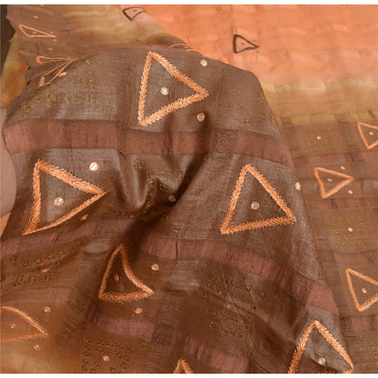 Sanskriti Vintage Sarees Orange/Brown Pure Silk Hand Beaded Woven Sari Sustainable Fabric