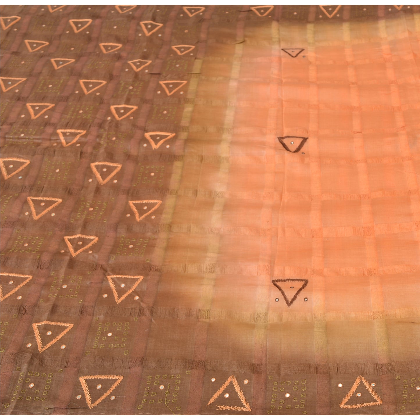 Sanskriti Vintage Sarees Orange/Brown Pure Silk Hand Beaded Woven Sari Sustainable Fabric