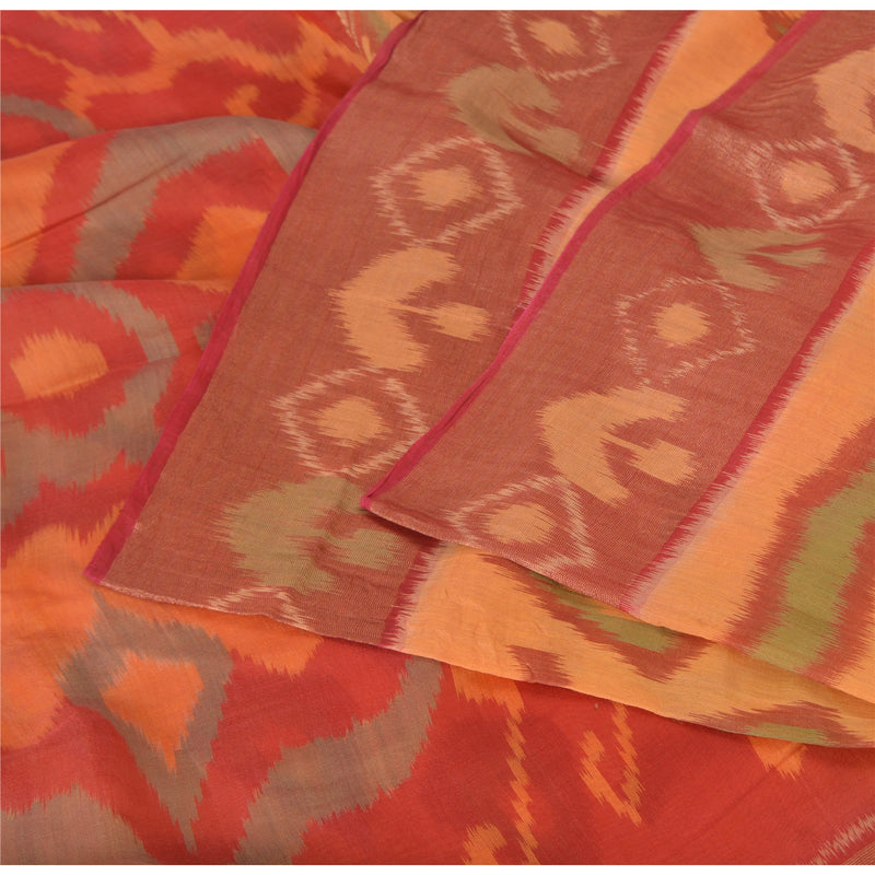 Sanskriti Vintage Sari Cotton Silk Sarees Peach Hand ikat woven Sambhalpuri 5yd Craft Fabric upholstery fabric