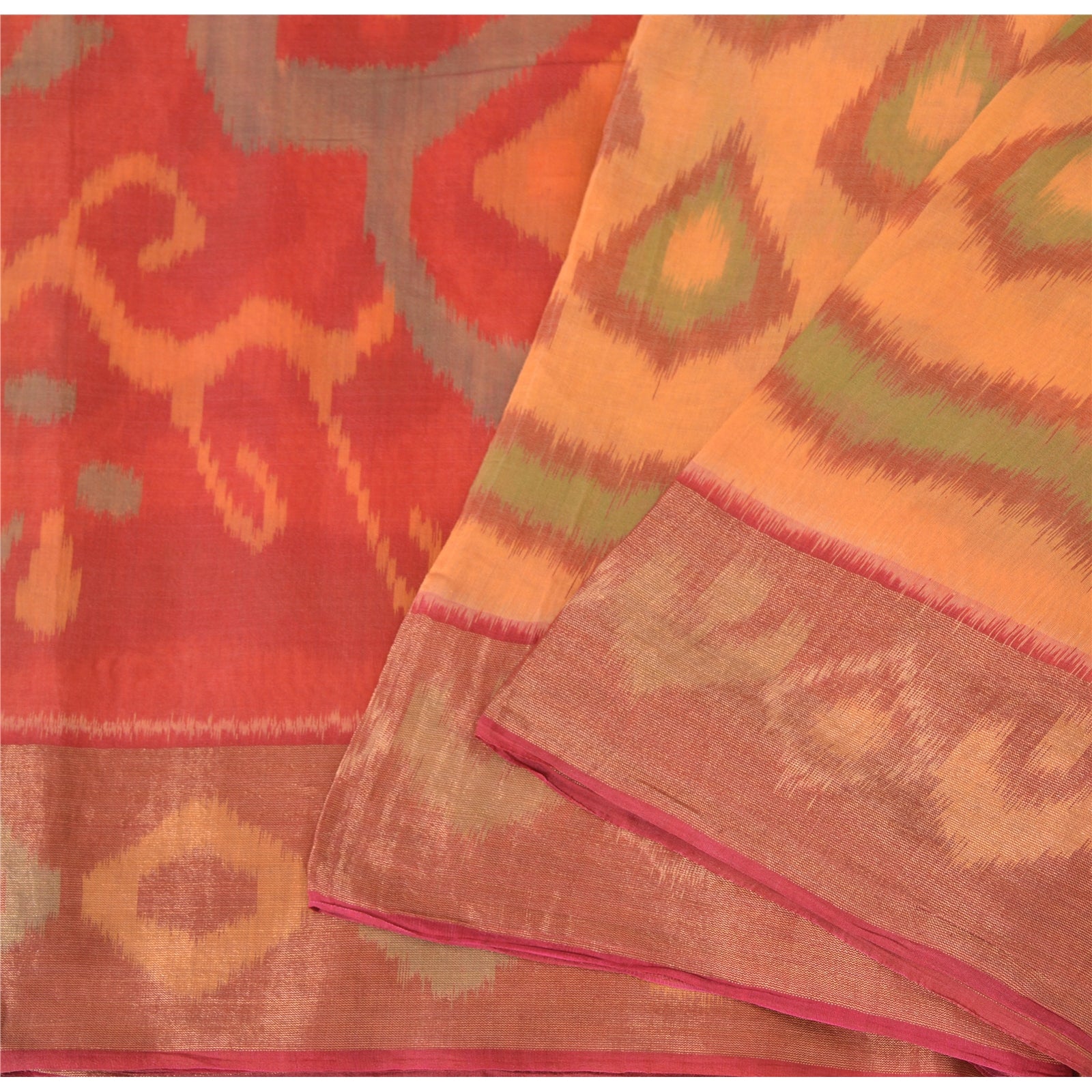 Sanskriti Vintage Sari Cotton Silk Sarees Peach Hand ikat woven Sambhalpuri 5yd Craft Fabric