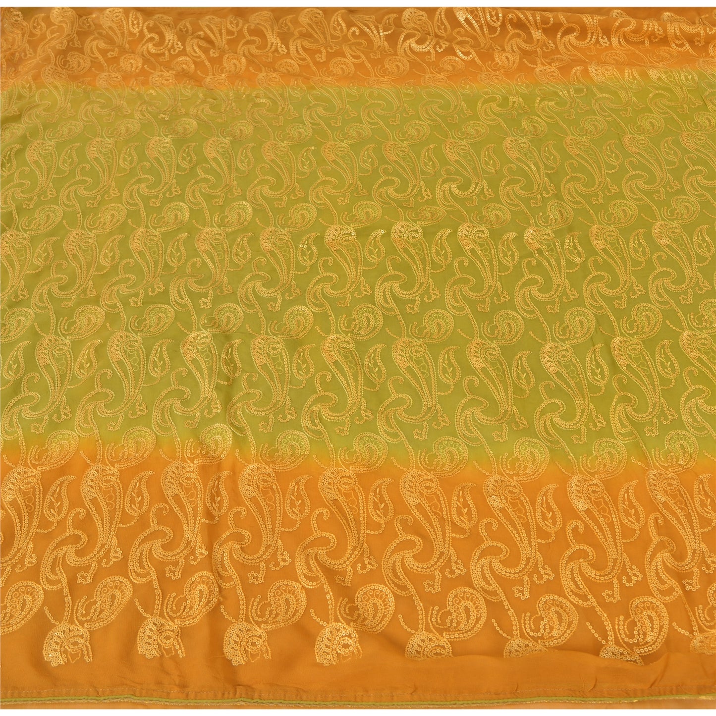 Sanskriti Vintage Green/Mustard Sarees Pure Georgette Silk Hand Bead Sari Sustainable Fabric