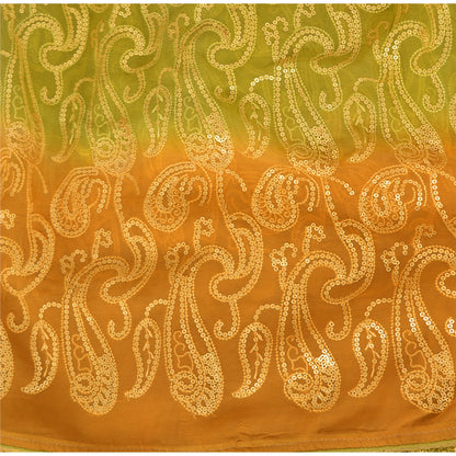 Sanskriti Vintage Green/Mustard Sarees Pure Georgette Silk Hand Bead Sari Sustainable Fabric