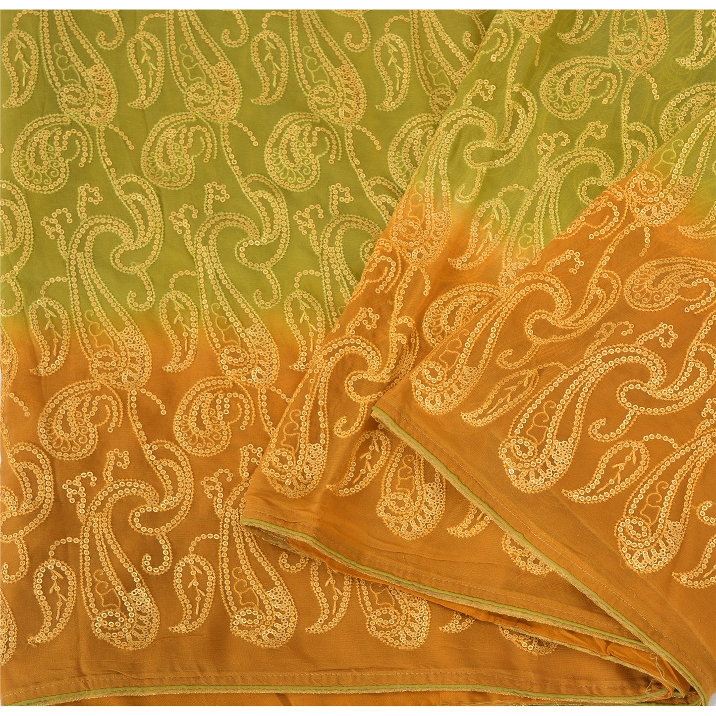 Sanskriti Vintage Green/Mustard Sarees Pure Georgette Silk Hand Bead Sari Sustainable Fabric