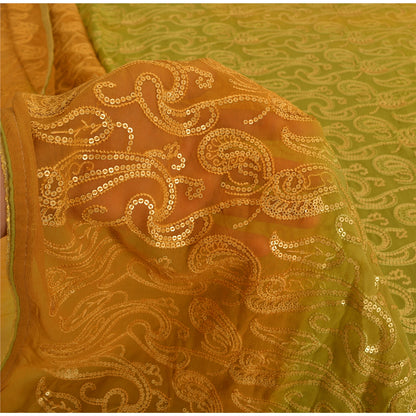 Sanskriti Vintage Green/Mustard Sarees Pure Georgette Silk Hand Bead Sari Sustainable Fabric
