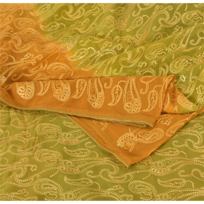 Sanskriti Vintage Green/Mustard Sarees Pure Georgette Silk Hand Bead Sari Sustainable Fabric