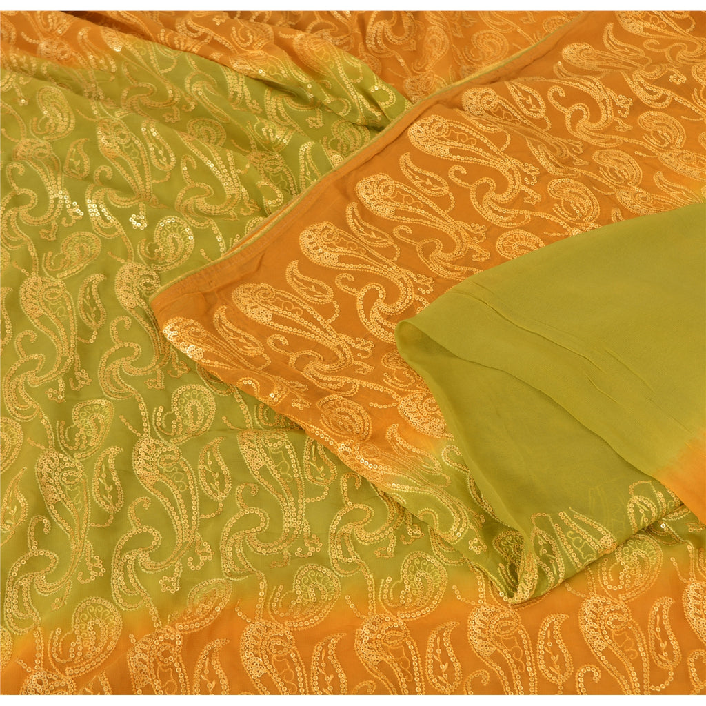 Sanskriti Vintage Green/Mustard Sarees Pure Georgette Silk Hand Bead Sari Sustainable Fabric