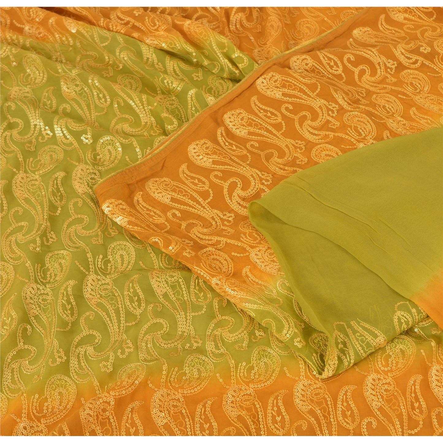 Sanskriti Vintage Green/Mustard Sarees Pure Georgette Silk Hand Bead Sari Sustainable Fabric