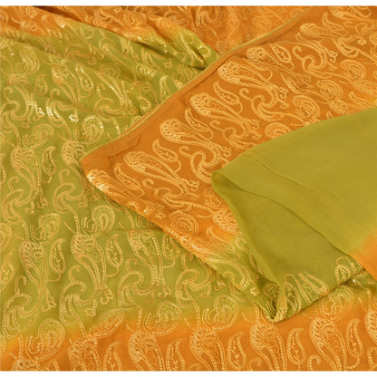 Sanskriti Vintage Green/Mustard Sarees Pure Georgette Silk Hand Bead Sari Sustainable Fabric