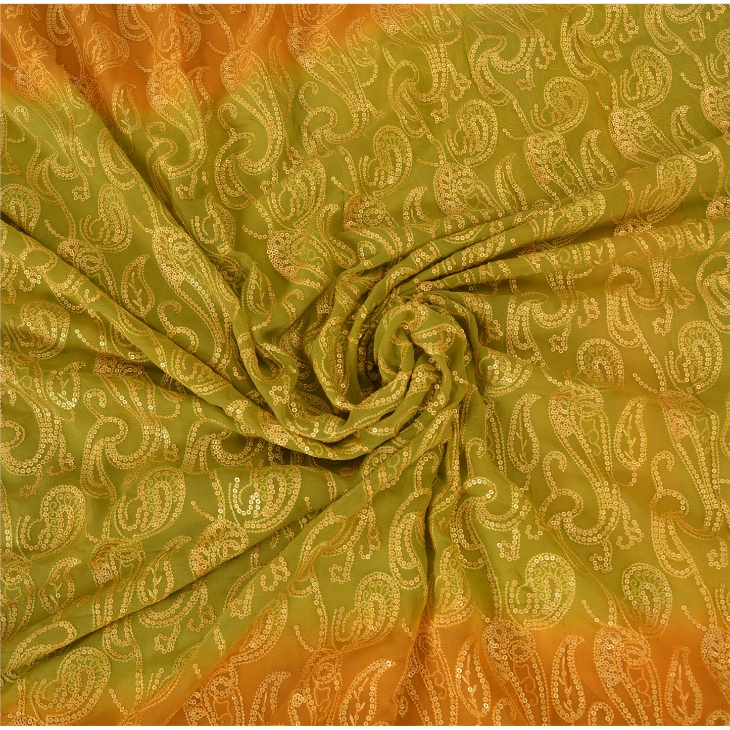 Sanskriti Vintage Green/Mustard Sarees Pure Georgette Silk Hand Bead Sari Sustainable Fabric