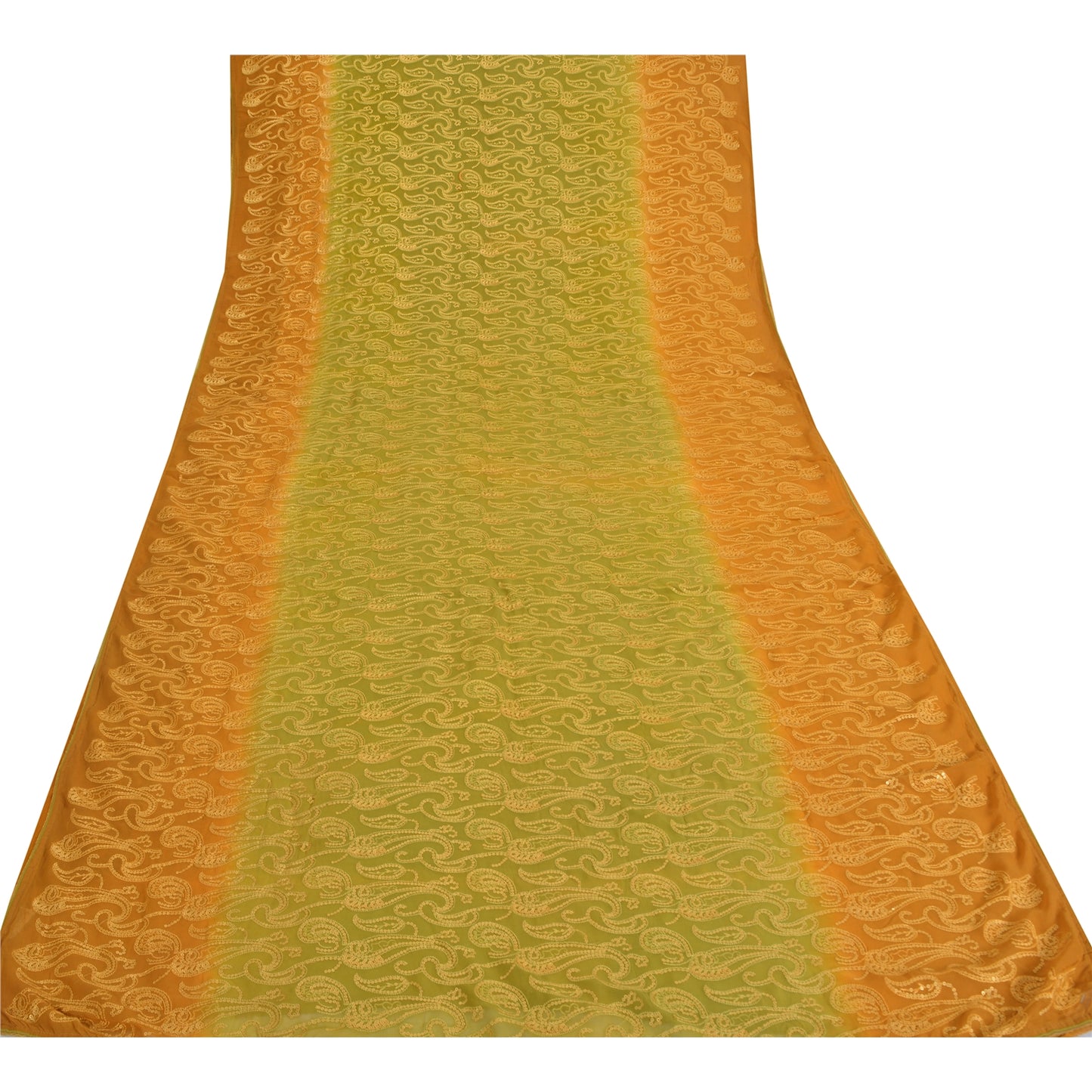 Sanskriti Vintage Green/Mustard Sarees Pure Georgette Silk Hand Bead Sari Sustainable Fabric