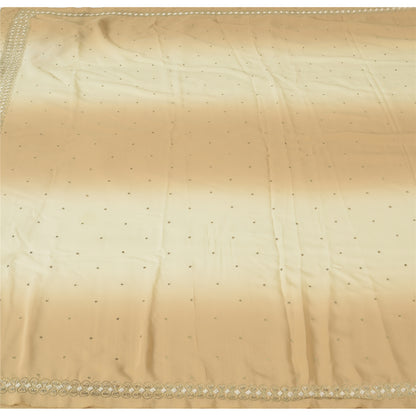 Sanskriti Vintage Ivory&Beige Sarees Art Silk Hand Beaded Sari 5yd Craft Sustainable Fabric