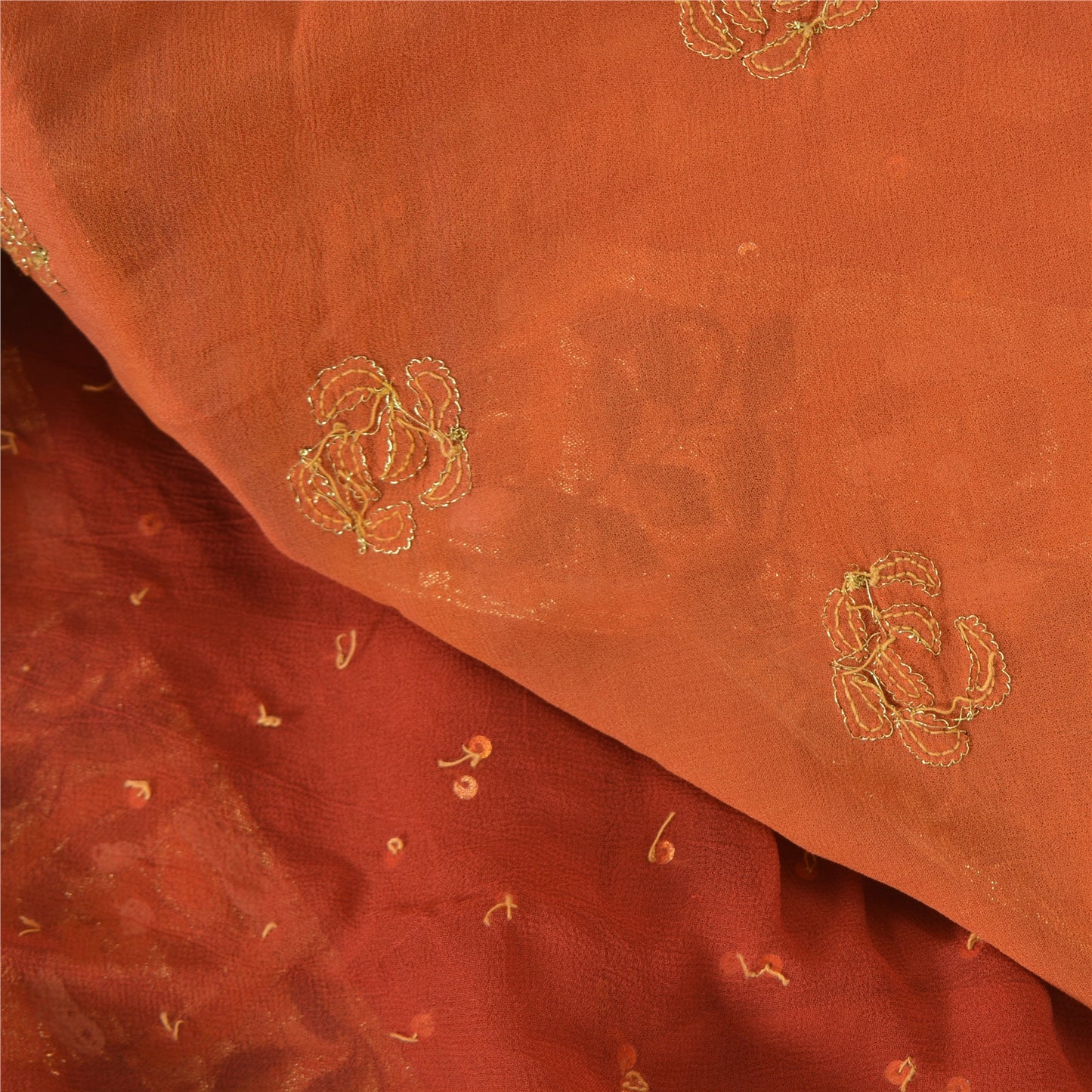 Sanskriti Vintage Orange Sarees Pure Georgette Silk HandBeaded Sari Craft Sustainable Fabric