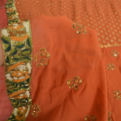 Sanskriti Vintage Orange Sarees Pure Georgette Silk HandBeaded Sari Craft Sustainable Fabric