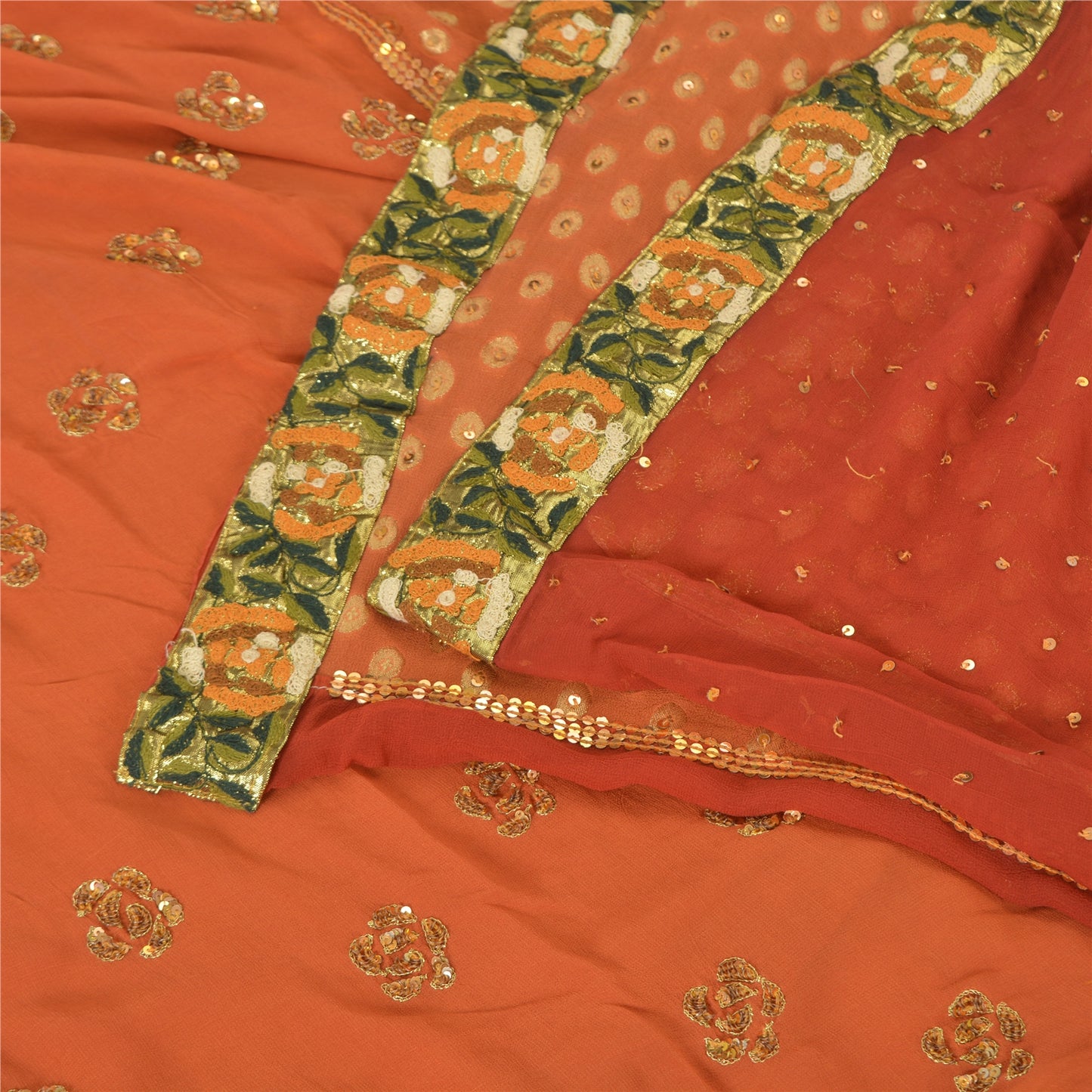 Sanskriti Vintage Orange Sarees Pure Georgette Silk HandBeaded Sari Craft Sustainable Fabric