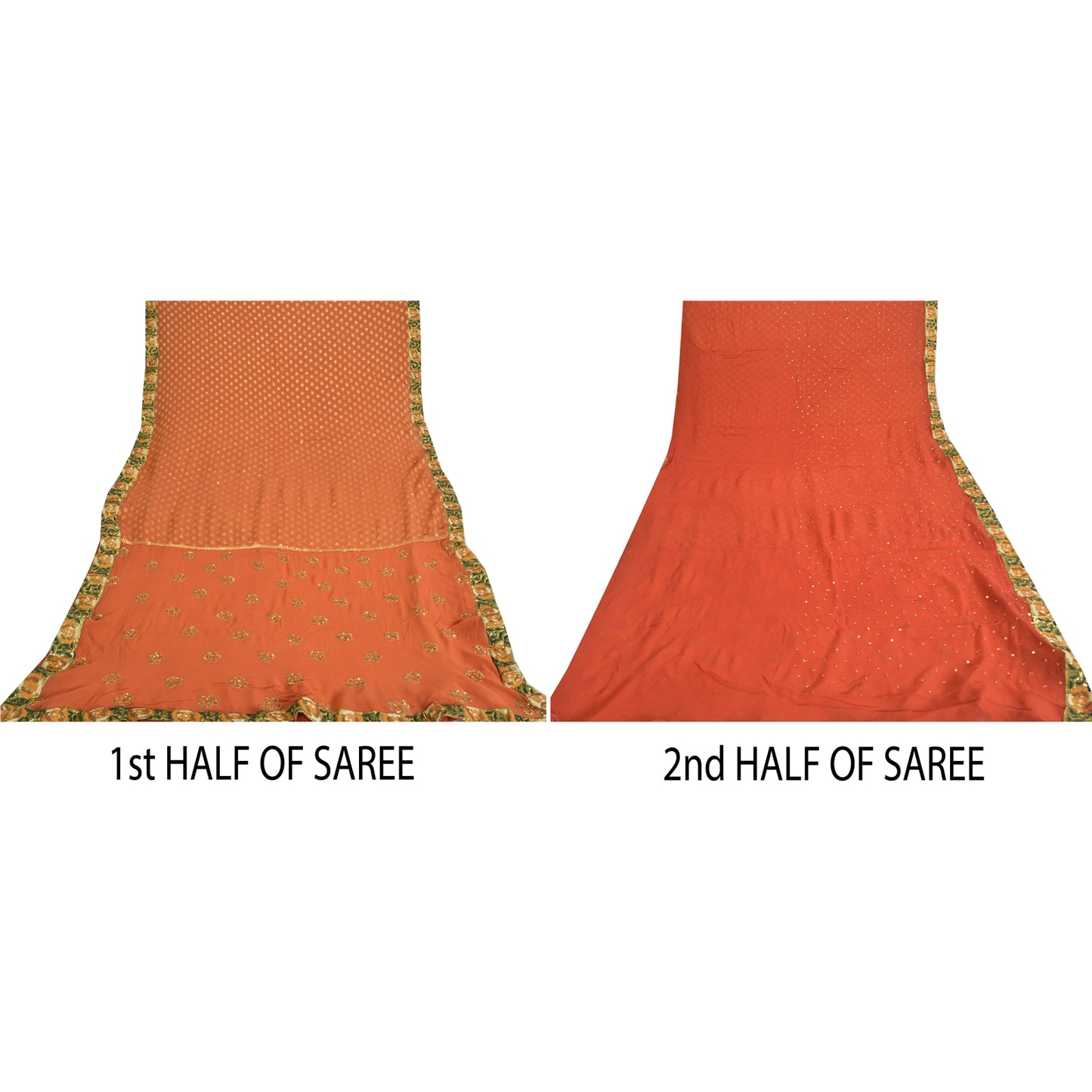 Sanskriti Vintage Orange Sarees Pure Georgette Silk HandBeaded Sari Craft Sustainable Fabric