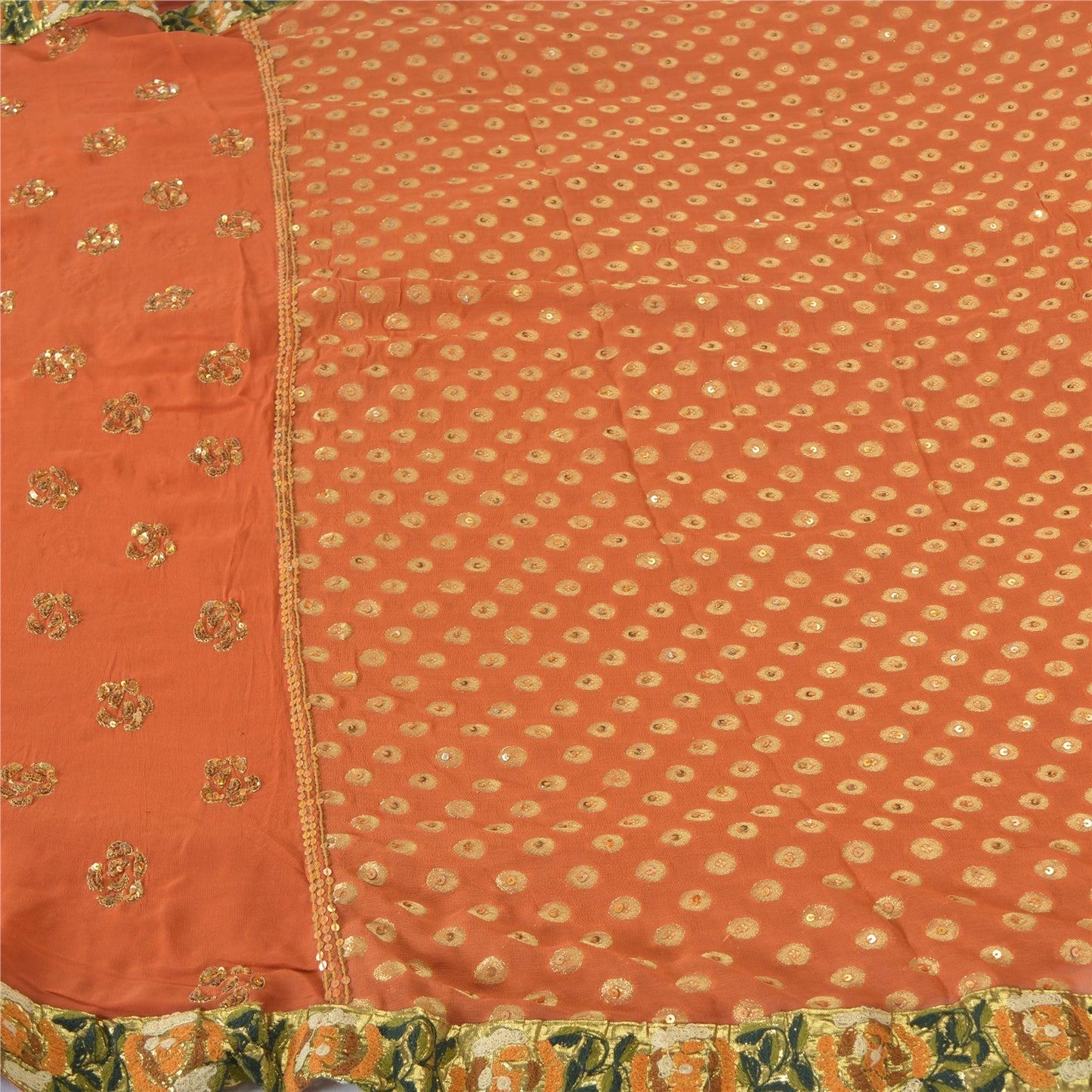 Sanskriti Vintage Orange Sarees Pure Georgette Silk HandBeaded Sari Craft Sustainable Fabric