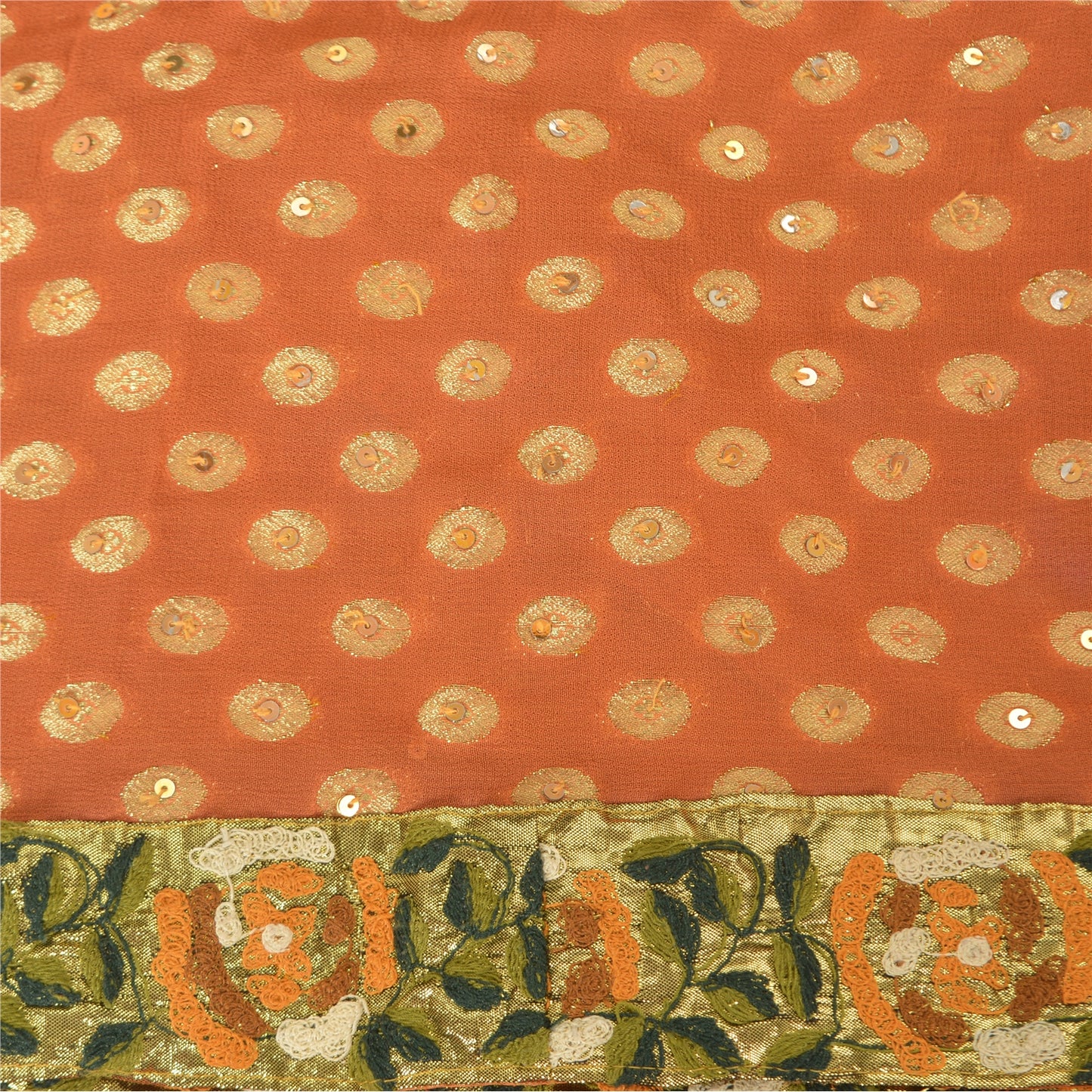 Sanskriti Vintage Orange Sarees Pure Georgette Silk HandBeaded Sari Craft Sustainable Fabric