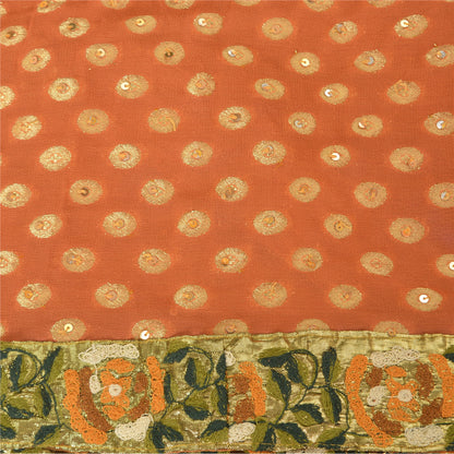 Sanskriti Vintage Orange Sarees Pure Georgette Silk HandBeaded Sari Craft Sustainable Fabric