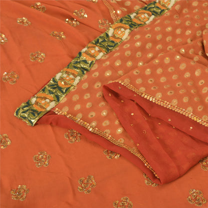 Sanskriti Vintage Orange Sarees Pure Georgette Silk HandBeaded Sari Craft Sustainable Fabric