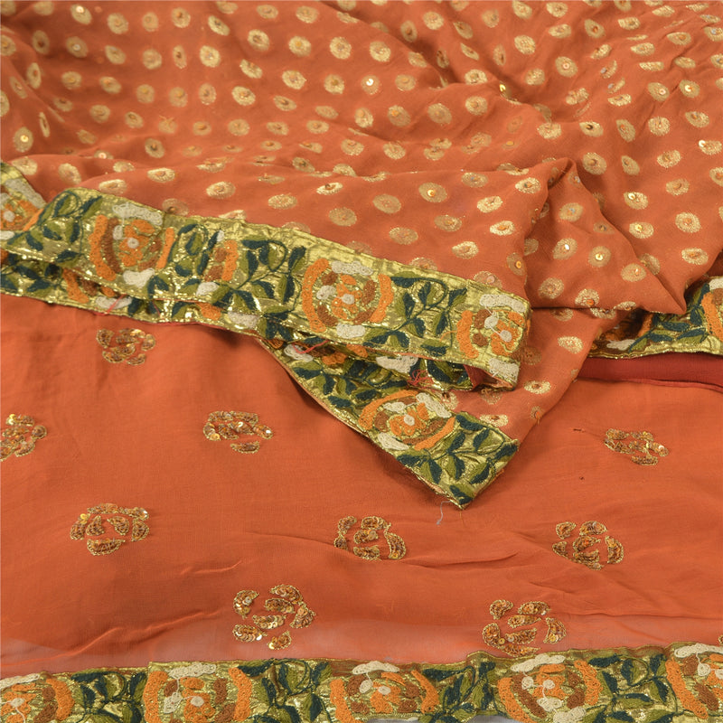 Sanskriti Vintage Orange Sarees Pure Georgette Silk HandBeaded Sari Craft Sustainable Fabric