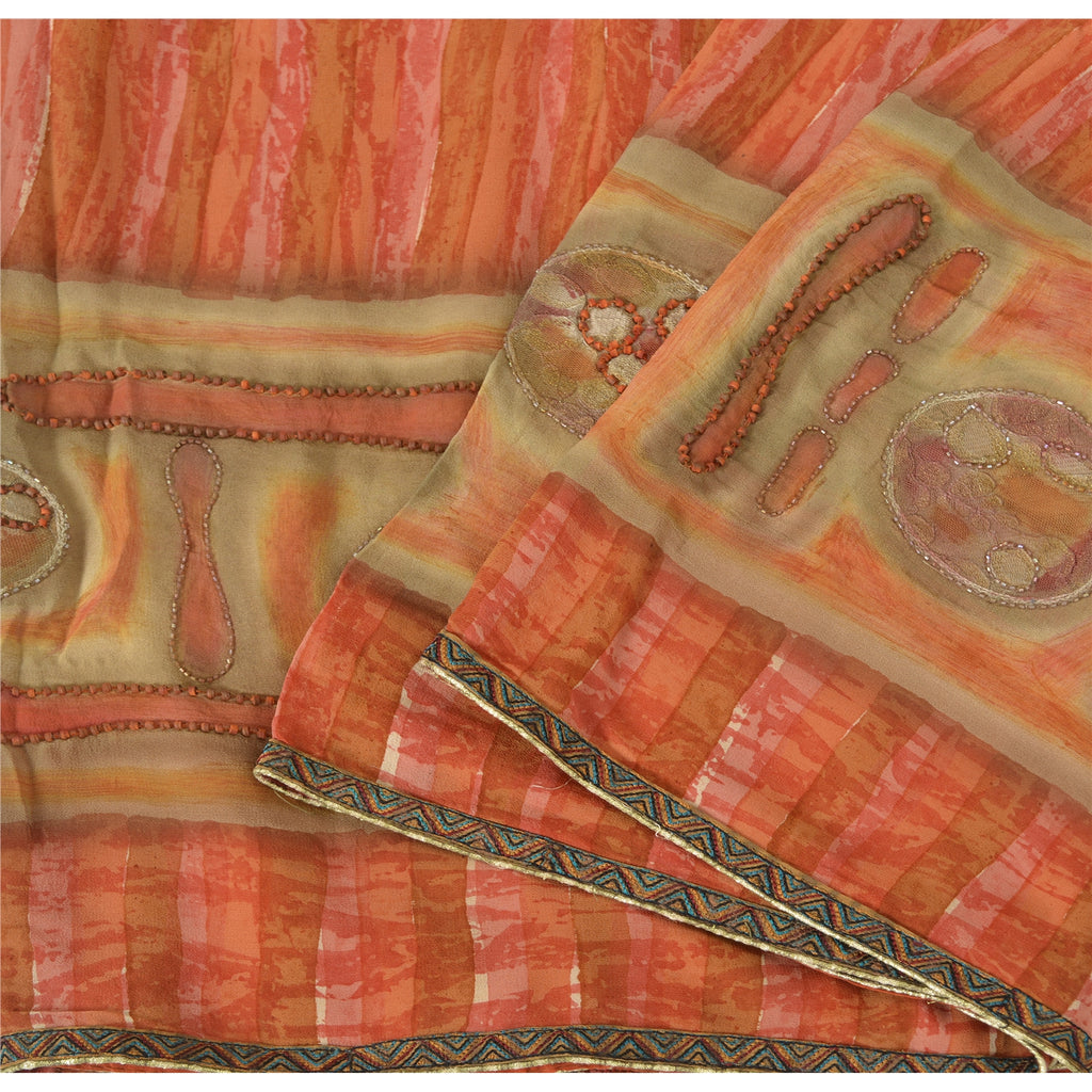 Sanskriti Vintage Sari 100% Pure Georgette Silk Indian Sarees Multicolor Hand Beaded 5Yd Craft Fabric Create- Upcycled Sarongs, Scarves