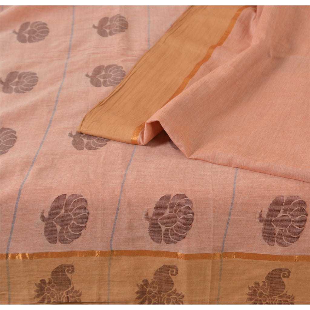 Sanskriti Vintage Salmon Pink Sarees Pure Cotton Hand woven Sari 5ydCraft Sustainable Fabric