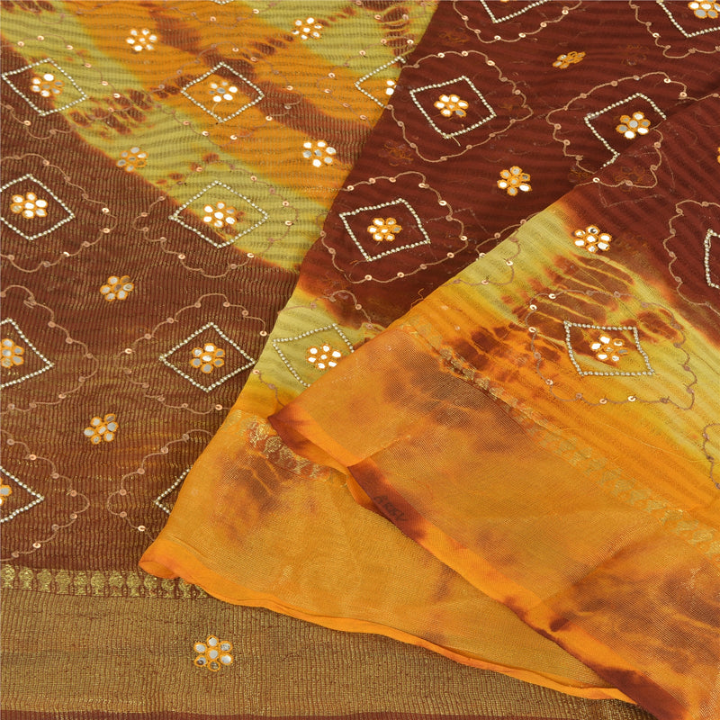 Sanskriti Vintage Saree Brown & Yellow Pure Georgette Silk 5+YD Saree Hand Beaded Zari Zardozi Antique Bandhani Fabric Gujrat Of India