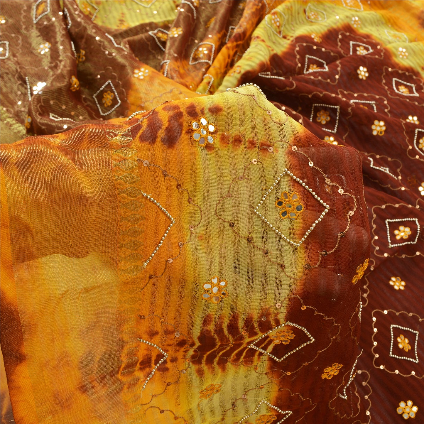 Sanskriti Vintage Brown & Yellow Sarees Pure Georgette Handmade ZariSari Fabric