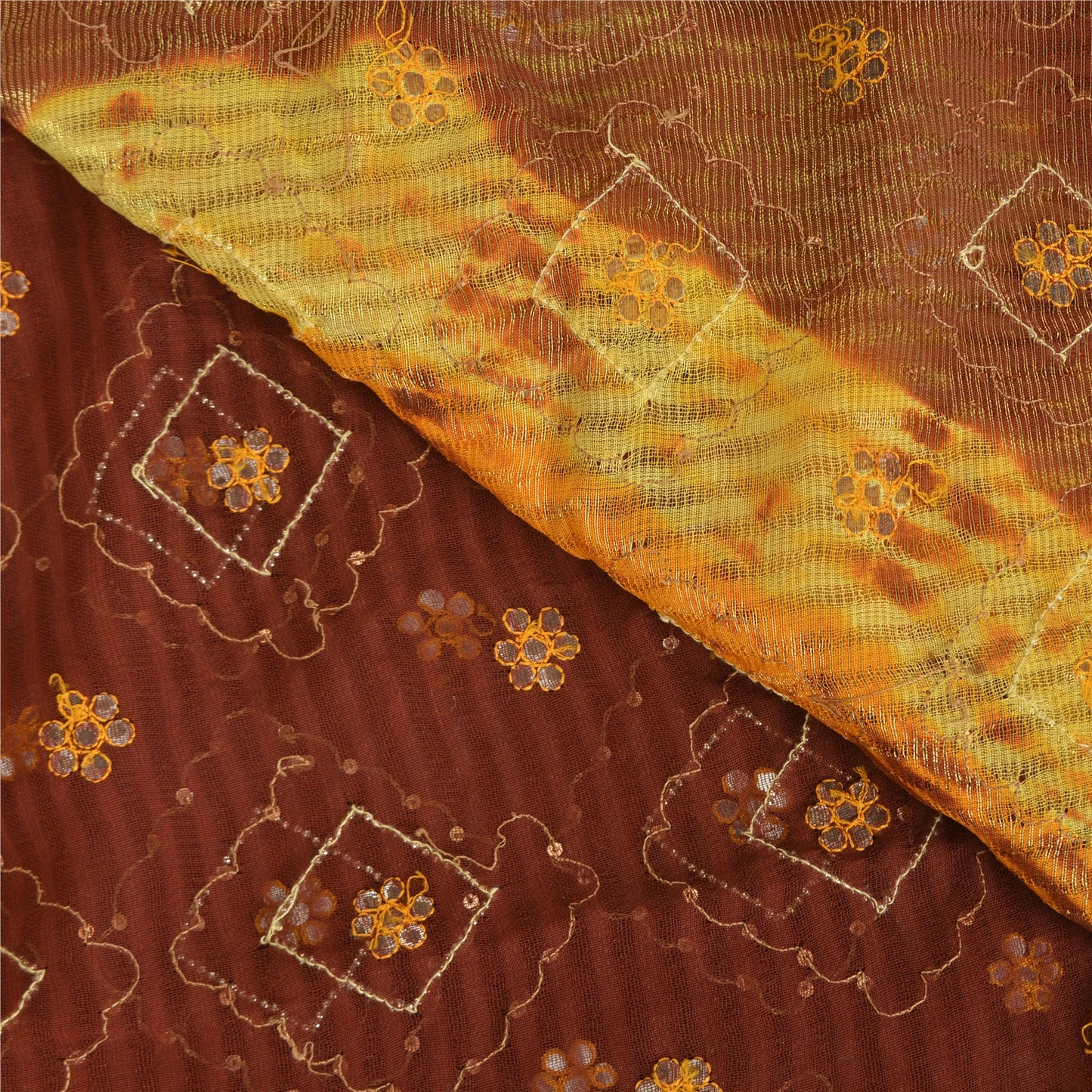 Sanskriti Vintage Brown & Yellow Sarees Pure Georgette Handmade ZariSari Fabric
