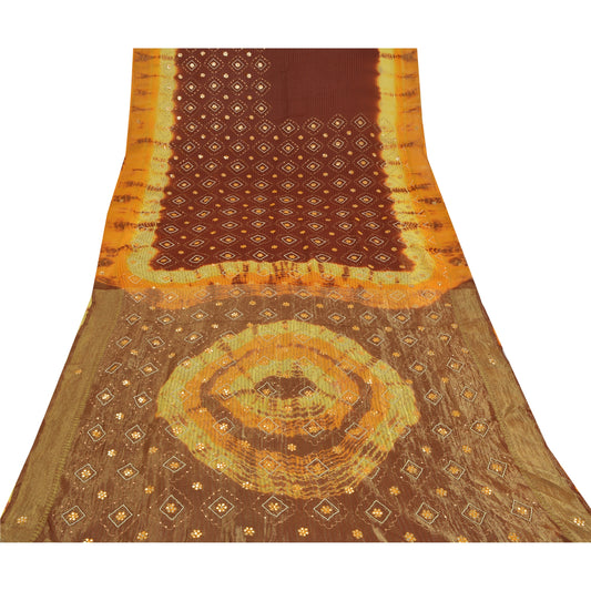 Sanskriti Vintage Brown & Yellow Sarees Pure Georgette Handmade ZariSari Fabric