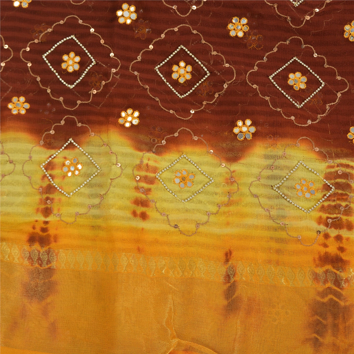 Sanskriti Vintage Brown & Yellow Sarees Pure Georgette Handmade ZariSari Fabric