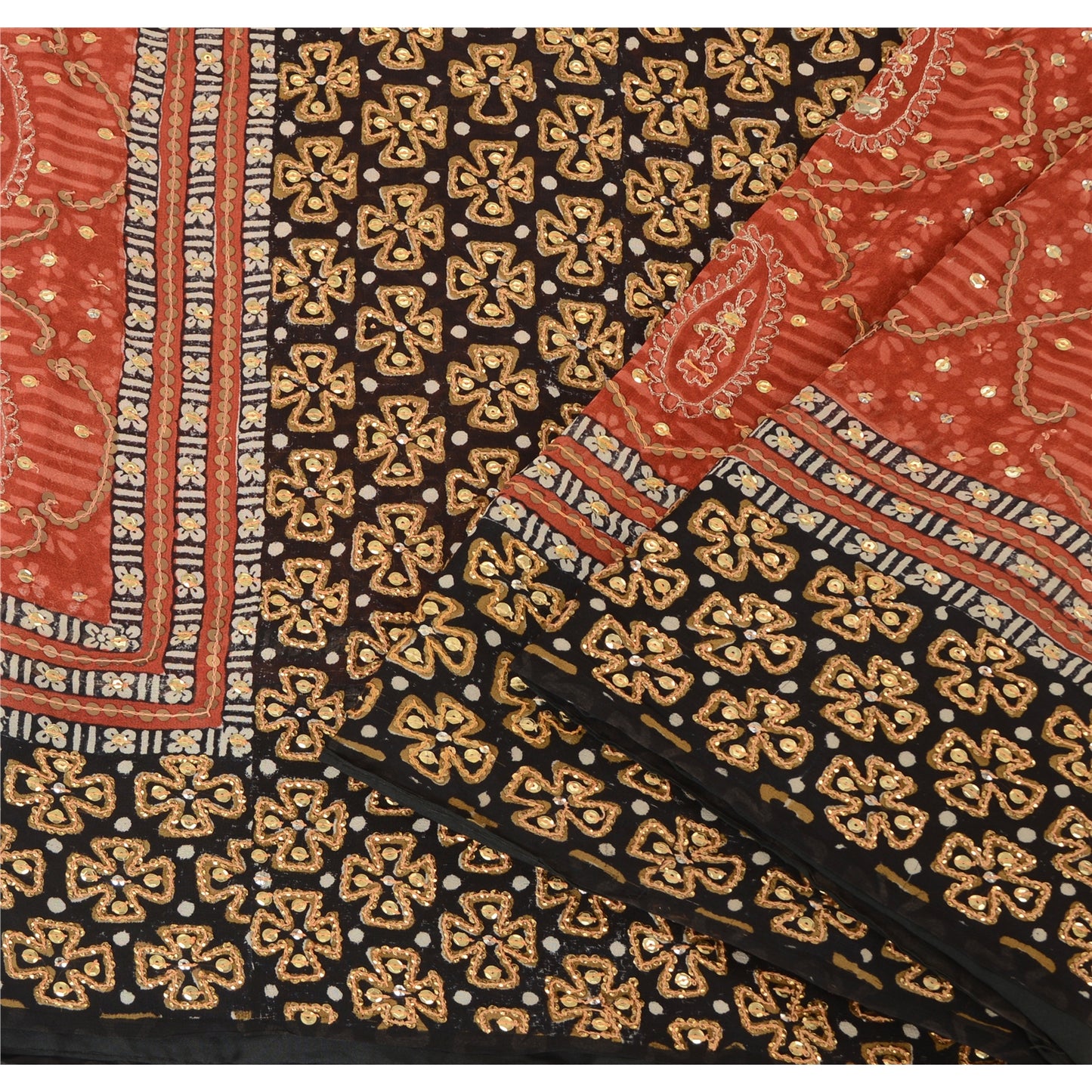 Sanskriti Vintage Indian Sarees Pure Georgette Hand Beaded Premium Sari Sustainable Fabric